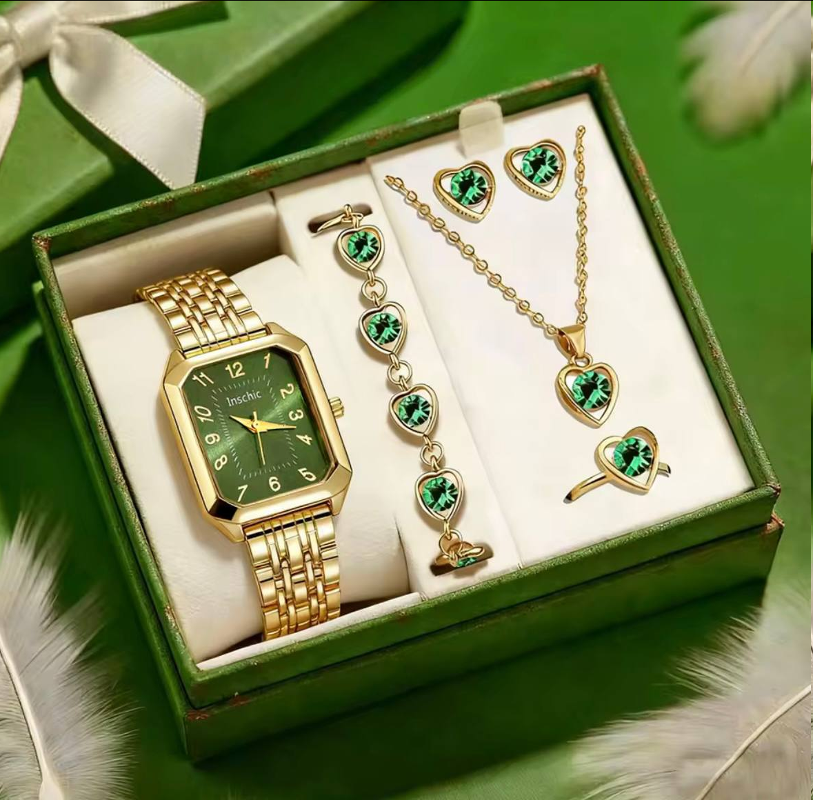 Набор украшений GONCHAR & CO. серьги/подвеска/каблучко/браслет/часы медзолото в коробке (77-7010)