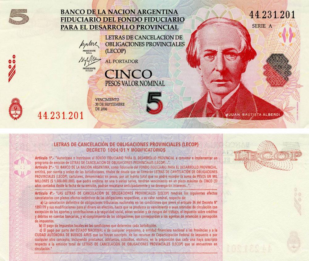 Коллекционная банкнота Аргентина 5 песо 2006 AU-UNC Emergency note (Б13477)