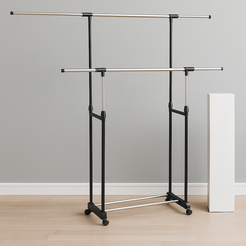 Стойка для одежды 8006 металлическая напольная двойная телескопическая с колесами (37-110732) - фото 3