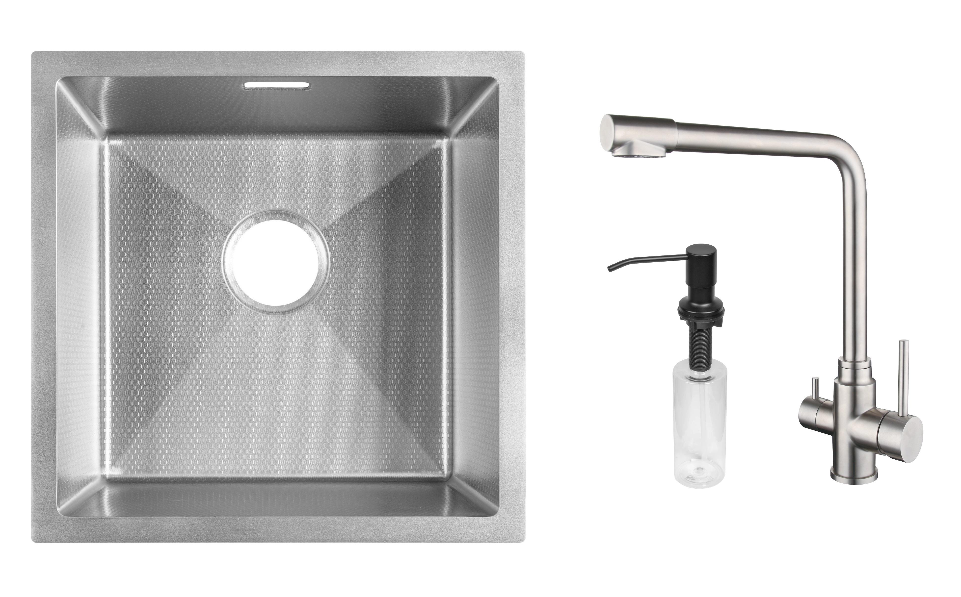 Комплект из кухонной мойки Gunter&Hauer Olef 4522 Inox Honey кухонного смесителя Gunter&Hauer LUFT Br и дозатора Gunter&Hauer Soap Dispenser Black