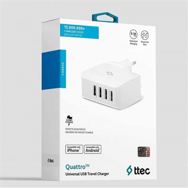 Мережевий зарядний пристрій Ttec Quattro 4xUSB 5.1A / 25Вт White (2SC02B) - фото 2