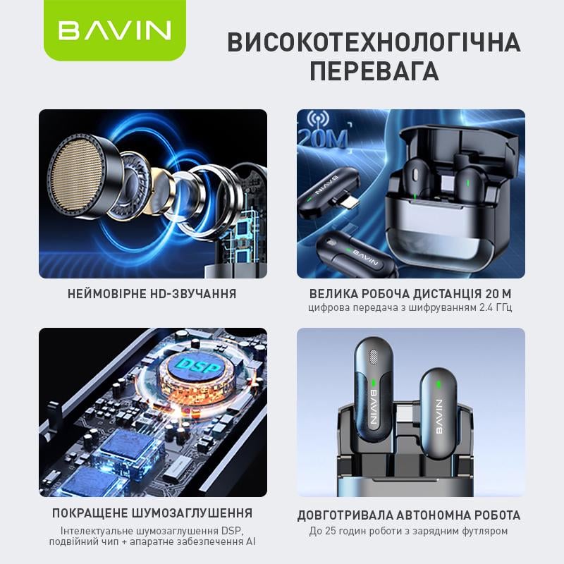 Микрофон петличный беспроводной BAVIN MP-100 Type-C Black (H-MP-100 BK) - фото 12 Микрофон петличный беспроводной BAVIN MP-100 Type-C Black (H-MP-100 BK) - фото 12