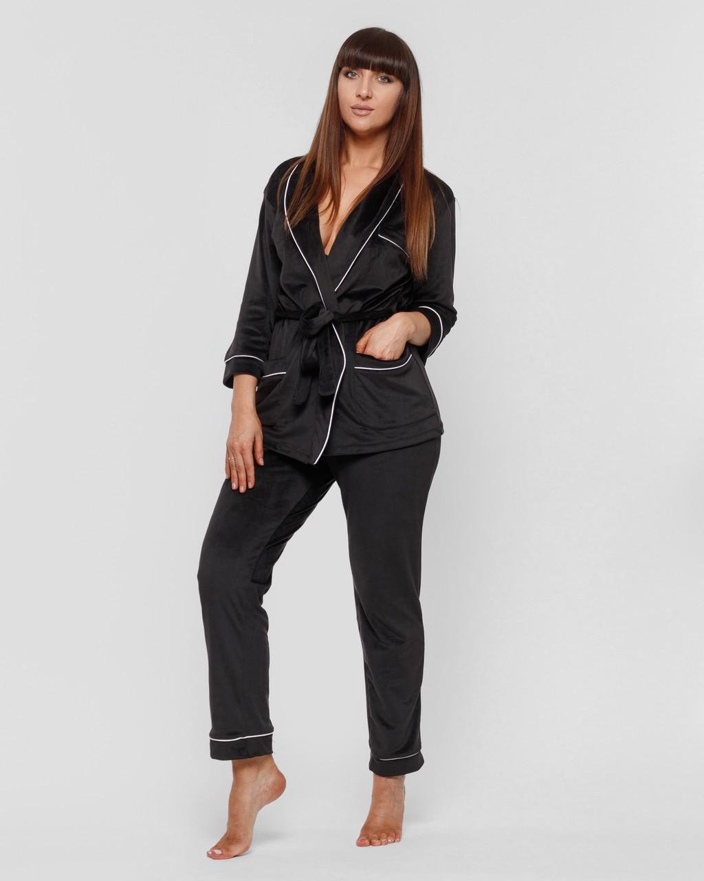 Костюм домашний женский велюровый халат с брюками Черный (1785921924) - фото 3 Костюм домашний женский велюровый халат с брюками Черный (1785921924) - фото 3