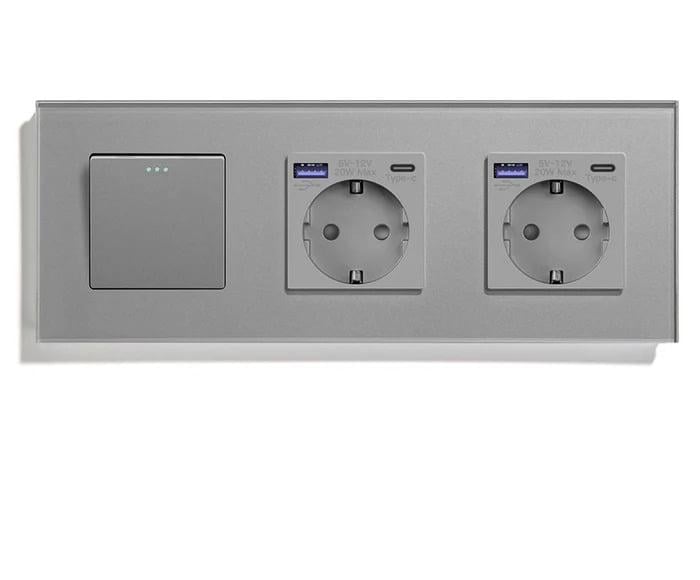 Выключатель перекрестный LUXION с двумя розетками USB A+C 20Вт с заземлением/защитными шторками Серый