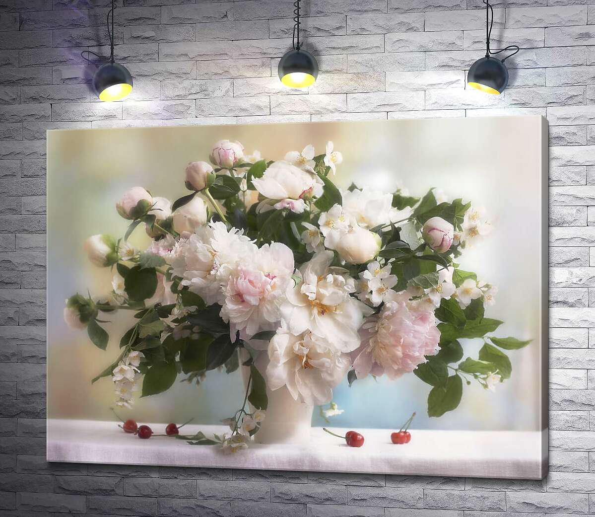 Картина ArtPoster Сочные вишни спрятались под ароматным букетом пионов и жасмина 50x37 см Модуль №1 (002970)