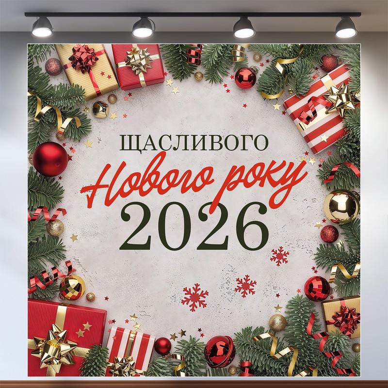 Баннер праздничный "Щасливого Нового року 2026" с красными акцентами 120x120 см №46031