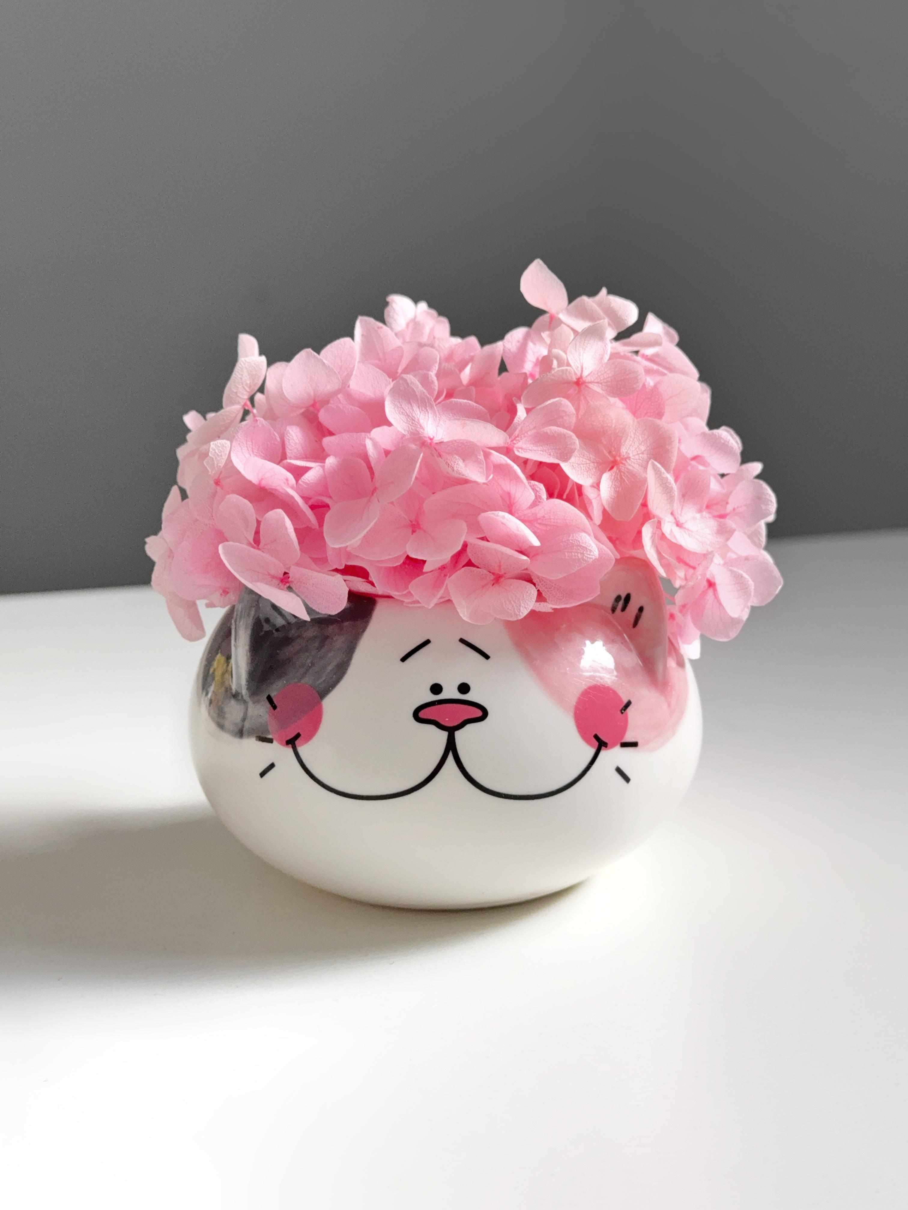 Кашпо круглий кіт із рожевою гортензією 9х9х6 см