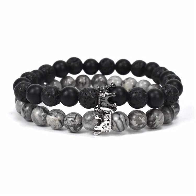 Браслети парні з лавового каменю шунгіту та яшми з коронами р. 16 (70010)