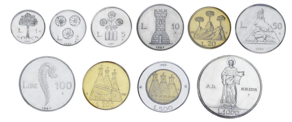 Набор коллекционных монет Сан-Марино 10 шт. 1987 UNC 1/2/5/10/20/50/100/200/500/1000 лир из серебра (М23373)