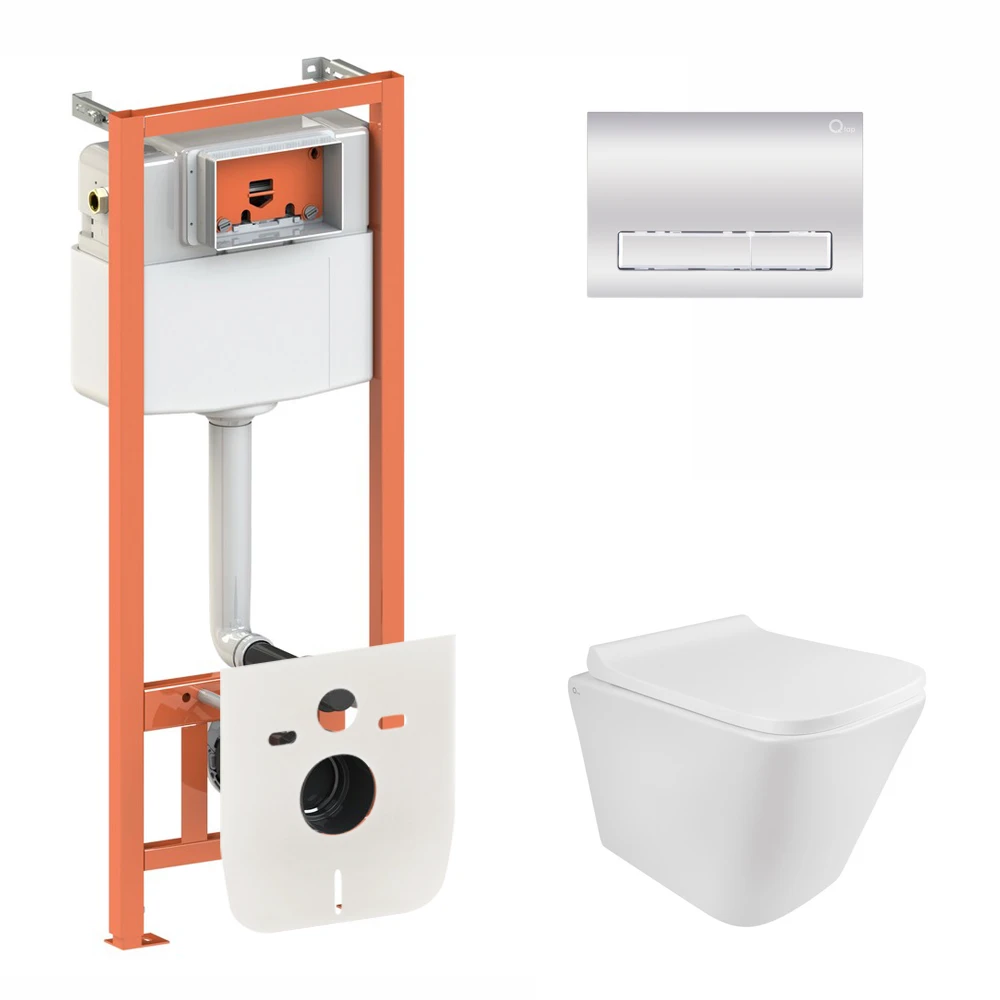 Комплект для ванной комнаты Qtap подвесной унитаз Tern Rimless и комплект установки Nest 4в1 линейная клавиша Chrome (2610409888)