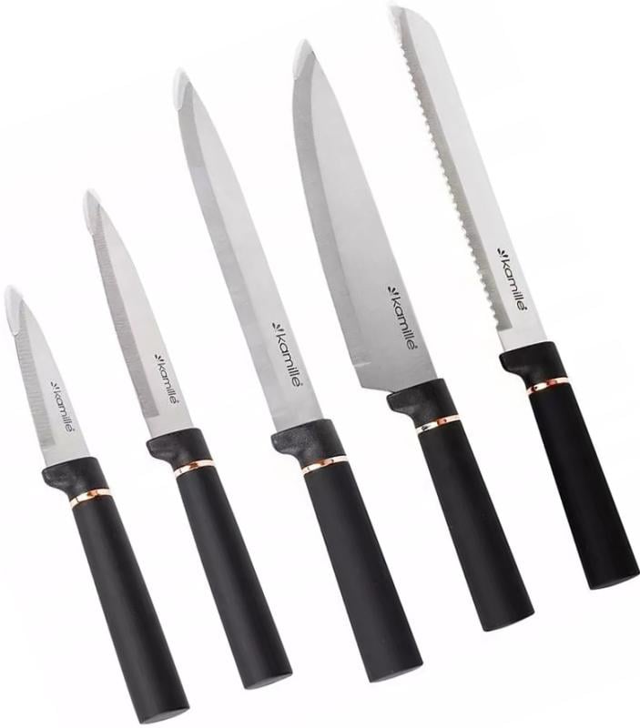 Набор кухонных ножей Kamille с подставкой-бревном 5 шт. Black/Rose