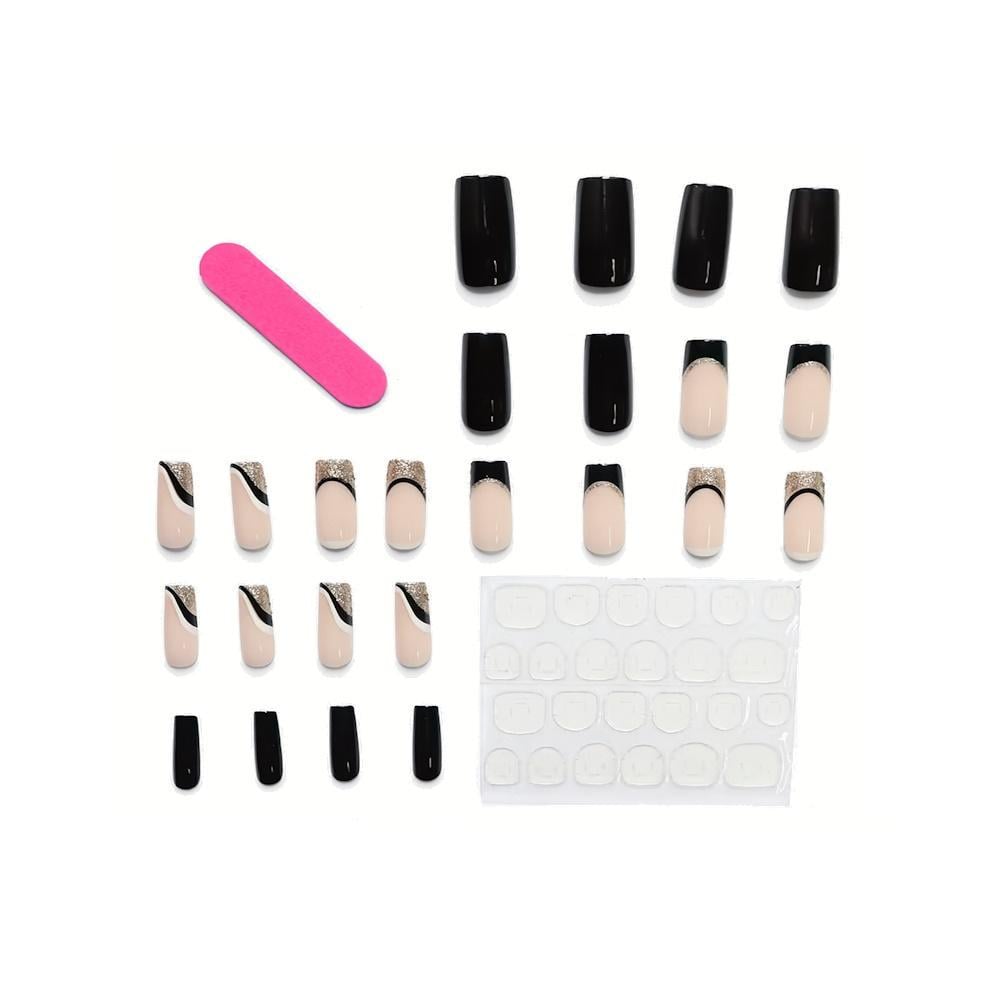 Набор накладных ногтей френч с Рисунком квадрат с клеевыми стеками 24 шт. Черный (3000004164)