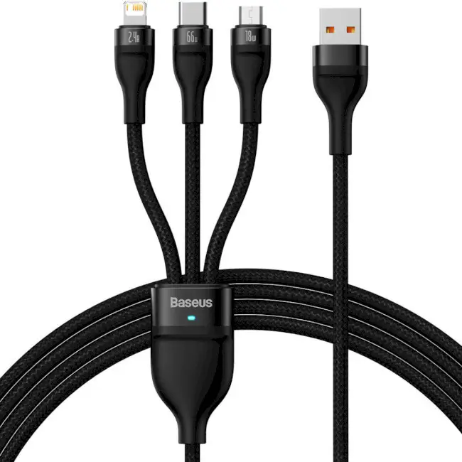 Кабель BASEUS Flash Series II 3в1 Cable USB to MicroUSB/Lightning/Type-C CASS040001 66W 1,2 м Black