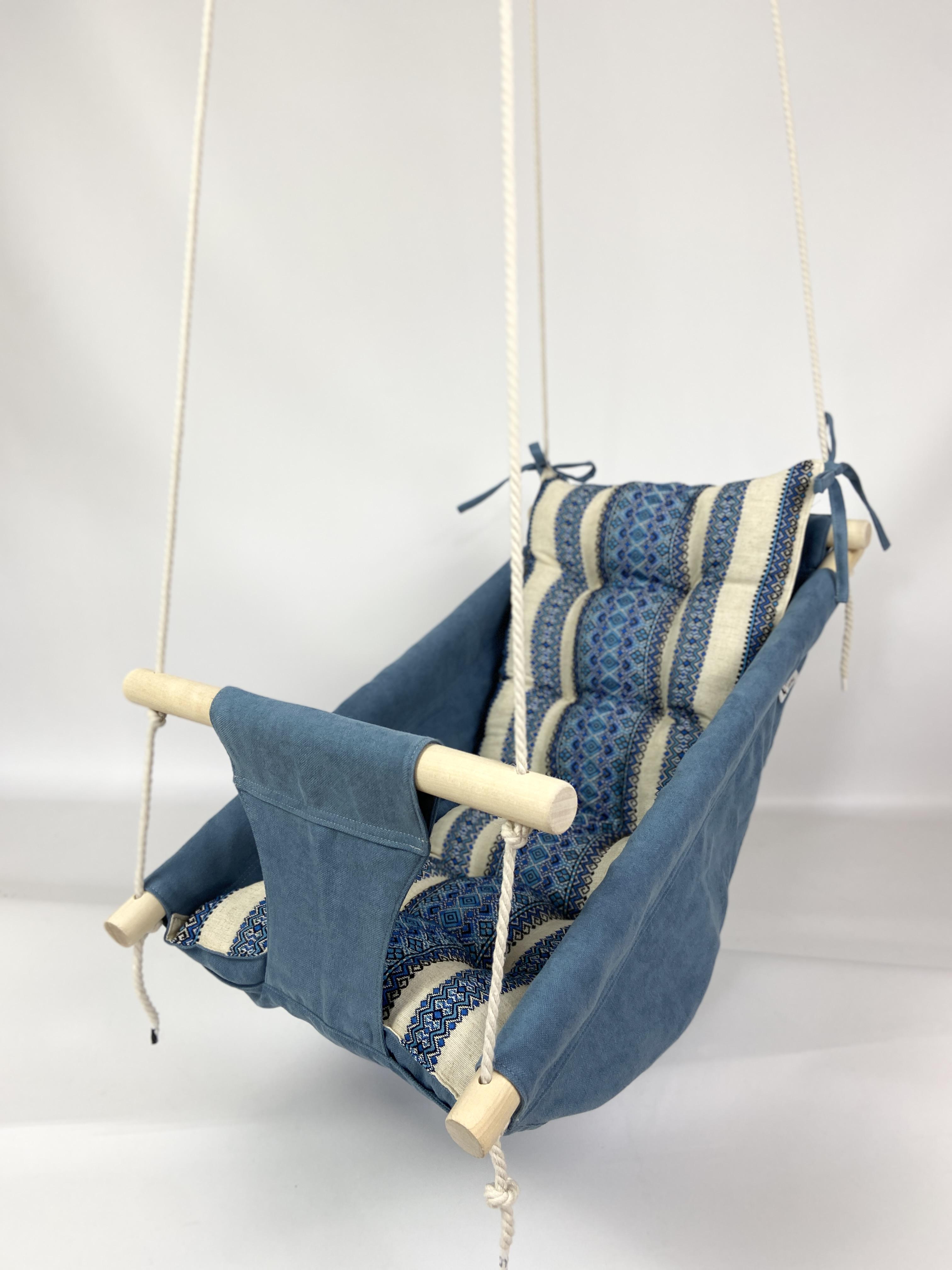 Подвесные детские качели Колыханка вышиванка из микровелюра Синий (gs-8818)