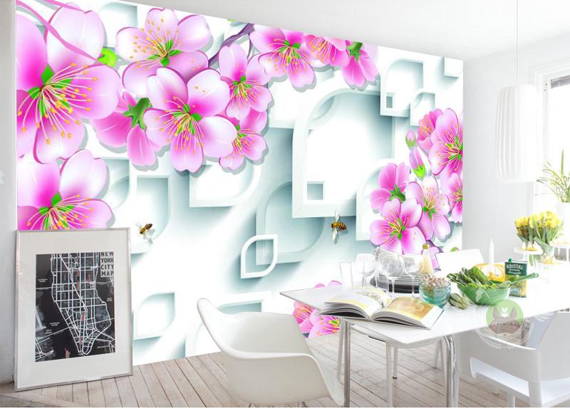 Фотообои 3D флизелиновые цветочные для спальни/зала/кухни Розовые цветочки на белом фоне