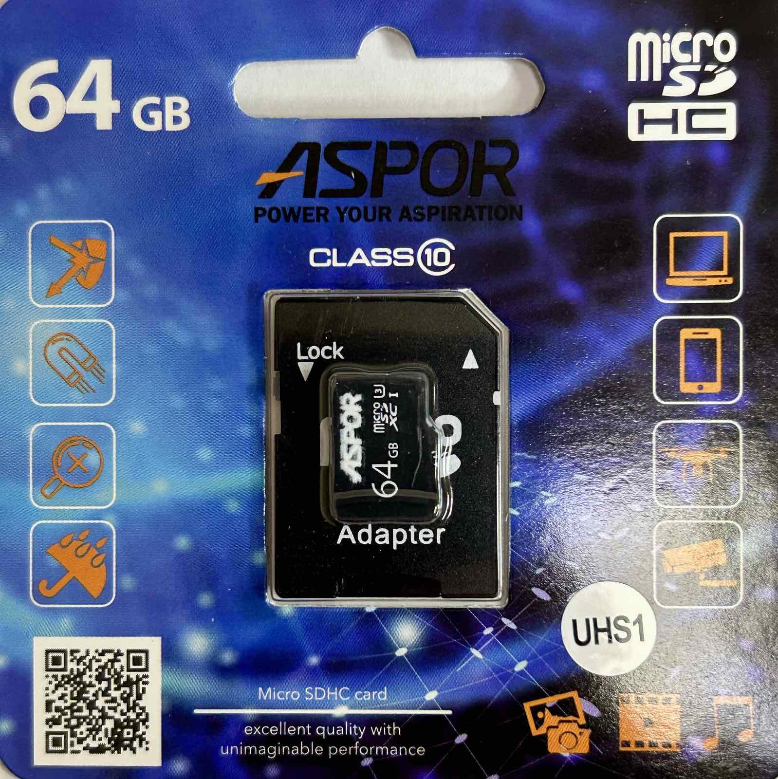 Карта пам'яті Aspor MicroSDHC 64GB UHS-I Class 10 з SD-адаптером (1858272795) - фото 2 Карта пам'яті Aspor MicroSDHC 64GB UHS-I Class 10 з SD-адаптером (1858272795) - фото 2