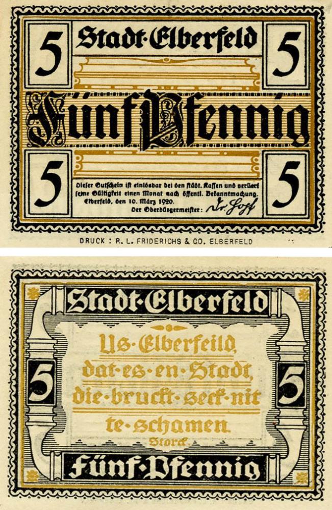 Коллекционная банкнота Германия Нотгельд 5 пфеннигов 1920 F-VF Эльберфельд Разновидность 2 (Б18401)