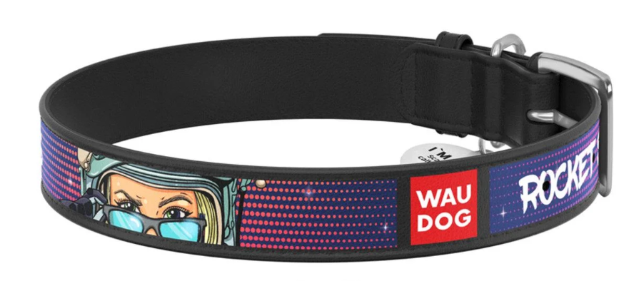 Ошейник для собак кожаный WAUDOG Design с QR паспортом Космос Ракетостроение ХL 35 мм 46-59 см Черный (Collar0035-0124-01)