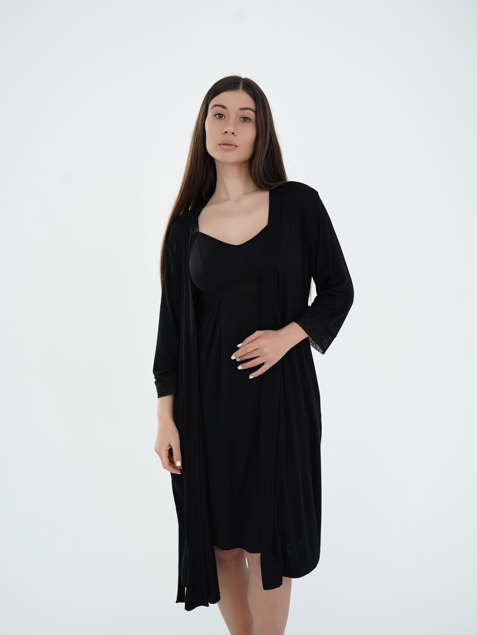 Комплект халат и рубашка для беременных и кормящих мамочек Soft&Lace вискоза М Черный (144278)