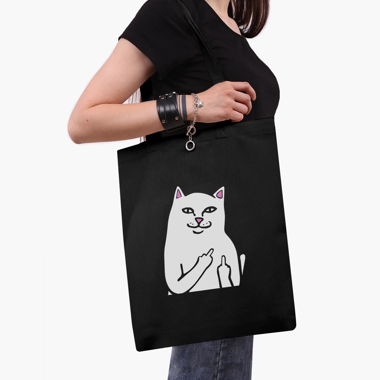 Эко сумка шоппер мем Белый кот с пальцем 41x35 см Черный (9227-2851-BKZ) Эко сумка шоппер мем Белый кот с пальцем 41x35 см Черный (9227-2851-BKZ)