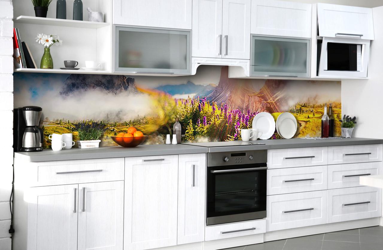 Кухонный фартук Горы в дымке луг из самоклеющейся виниловой пленки 60х300 см Зеленый