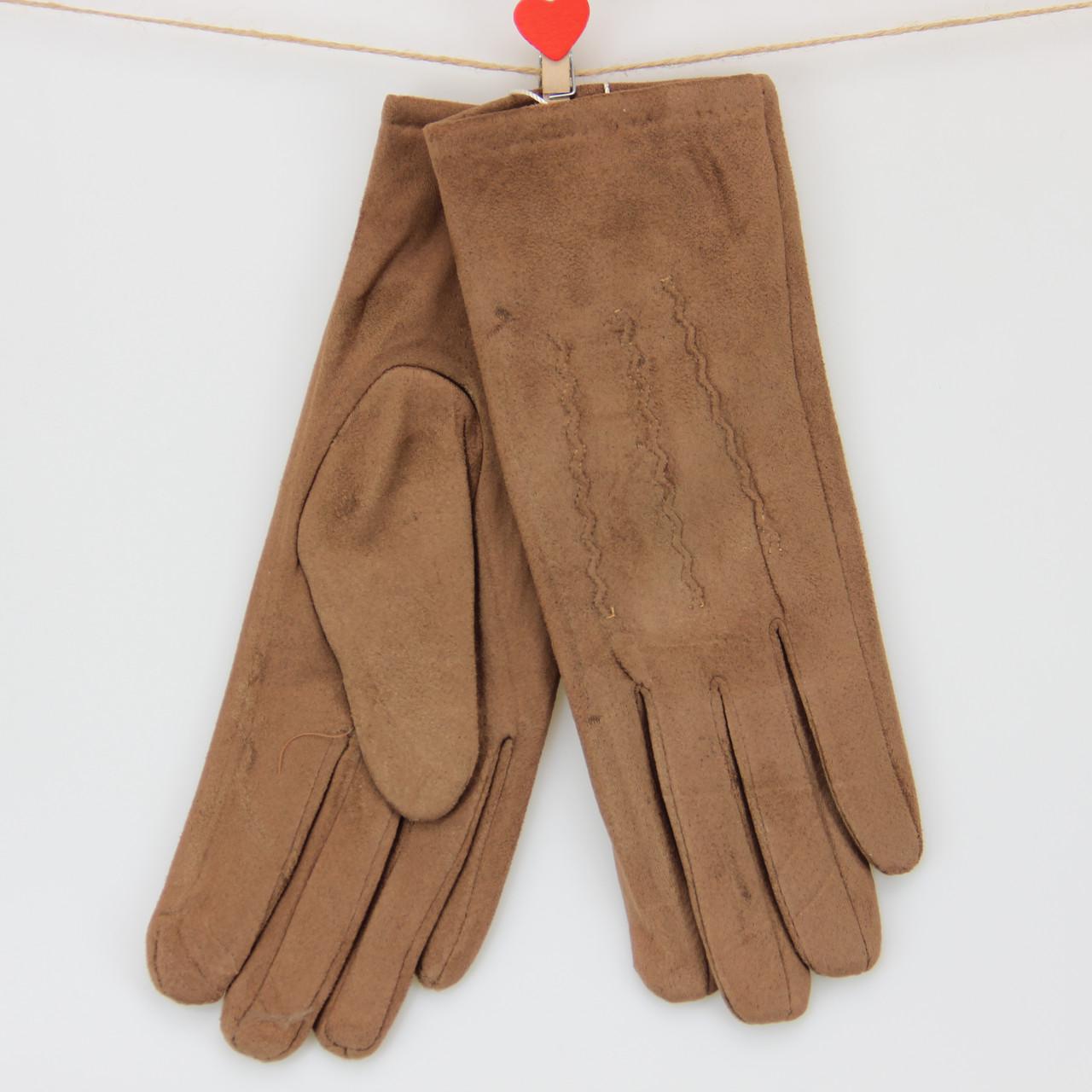 Рукавички жіночі шиті велюрові з хутром з хвилею S-M Коричневий (31251)