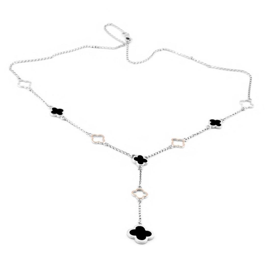 Колье с подвеской Клевер с черной эмалью серебро 925 пробы родированное золото 375 45 см (453цв)