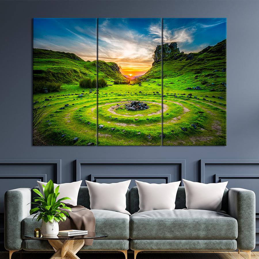 Картина природа Сакральные круги на зелёной поляне 156x100 см (A1140-3)