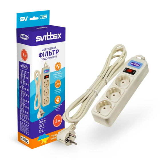 Фильтр сетевой SVITTEX на 3 розетки 3 м (24919870) - фото 1 Фильтр сетевой SVITTEX на 3 розетки 3 м (24919870) - фото 1