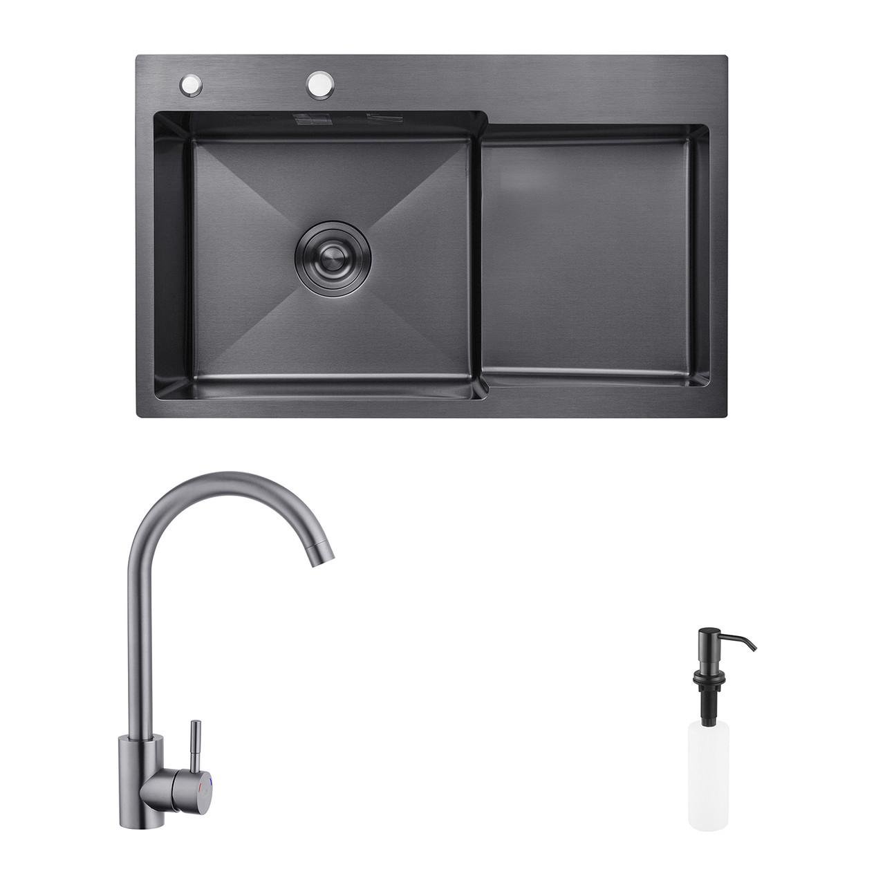 Комплект кухонная мойка Kroner Schwarze-7848LHM PVD/смеситель Edelstahl Klassisch-SCH035PVD/дозатор (2669564685)
