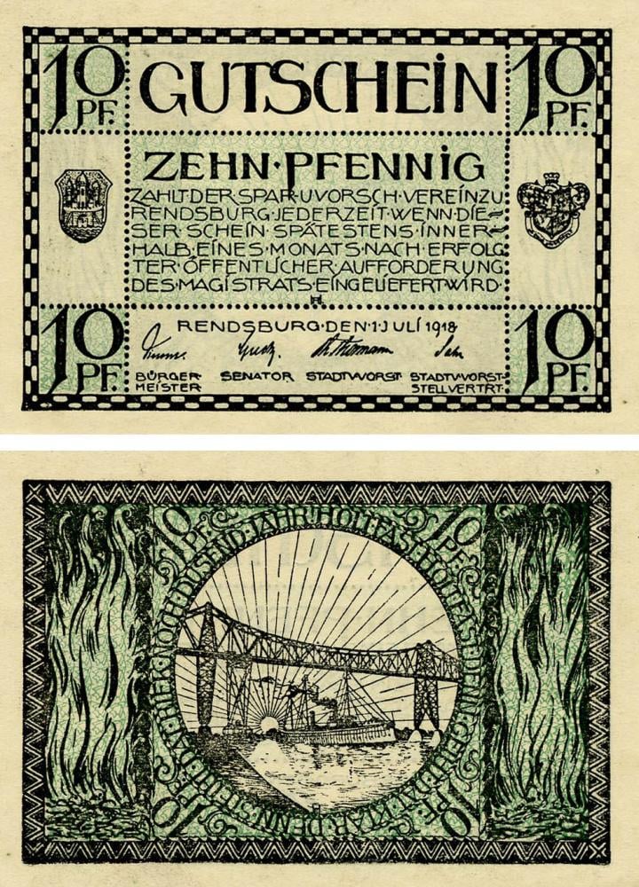 Коллекционная банкнота Германия Нотгельд 10 пфеннигов 1918 F-VF Рендсбург (Б18499)