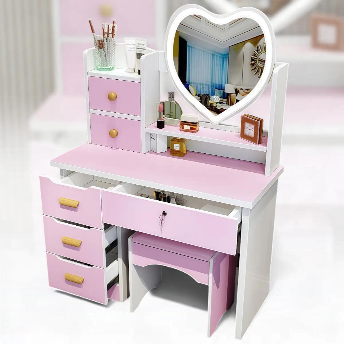 Столик туалетний STL-MD 89 з LED-дзеркалом Серце та пуфом 122х80х33 см Рожевий (2847394697)