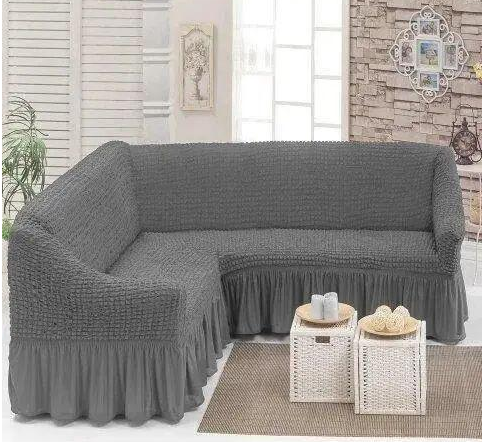 Чехол-накидка на угловой диван с оборкой из полиэстера 300х150 см Серый (31870596)