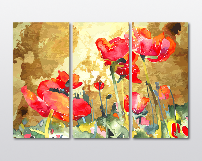Модульная картина KIL Art Алые цветы и растения на золотом поле из трех частей 78x48 см (M3_M_168)