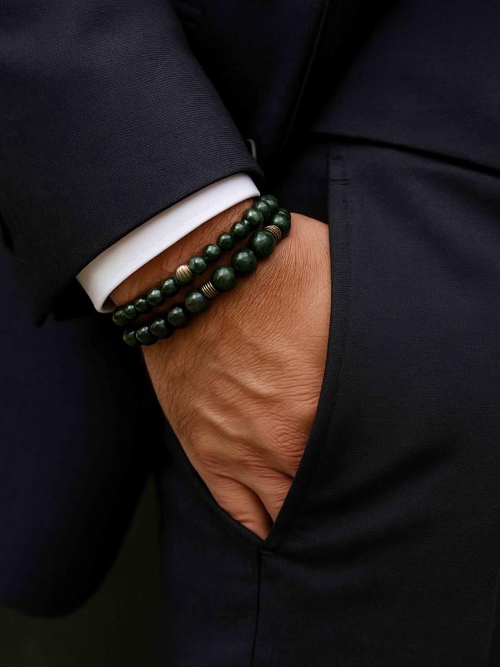 Сет браслетів чоловічих із зеленої яшми (4918)