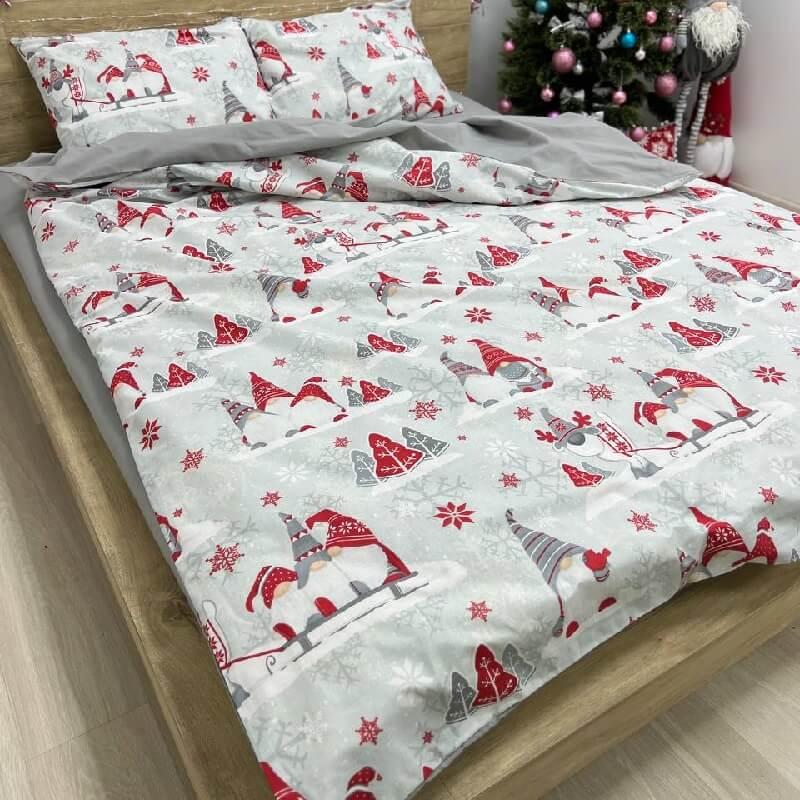 Комплект постельного белья двуспальный Новогодний Гномы хлопковый 180x220 см Белый (29634383)