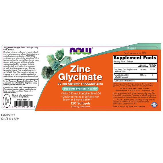 Мікроелемент Цинк NOW Foods Zinc Glycinate 30 мг 120 Softgels - фото 2