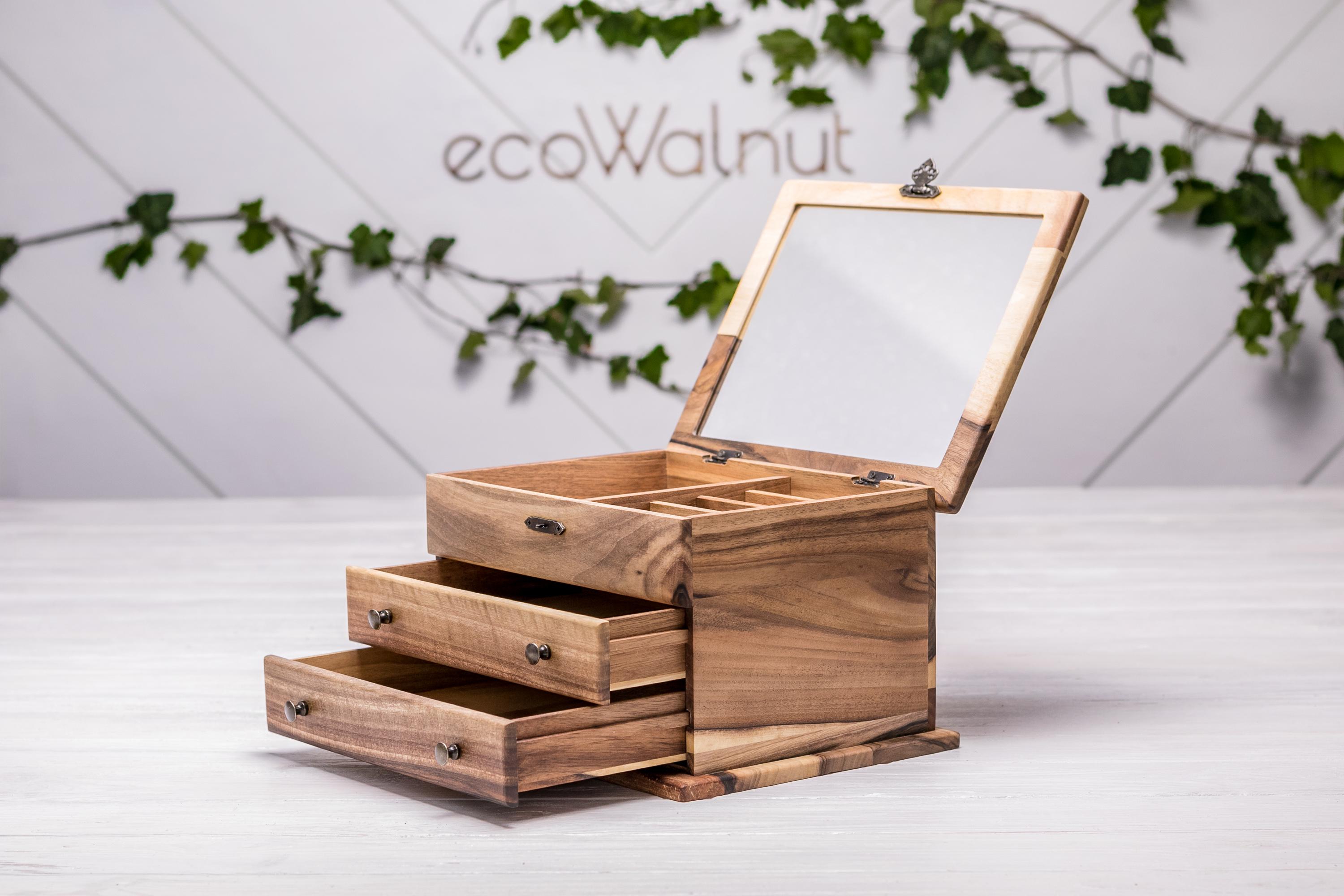 Шкатулка женская EcoWalnut с индивидуальным гравированием для украшений с зеркалом (EB-8) - фото 9