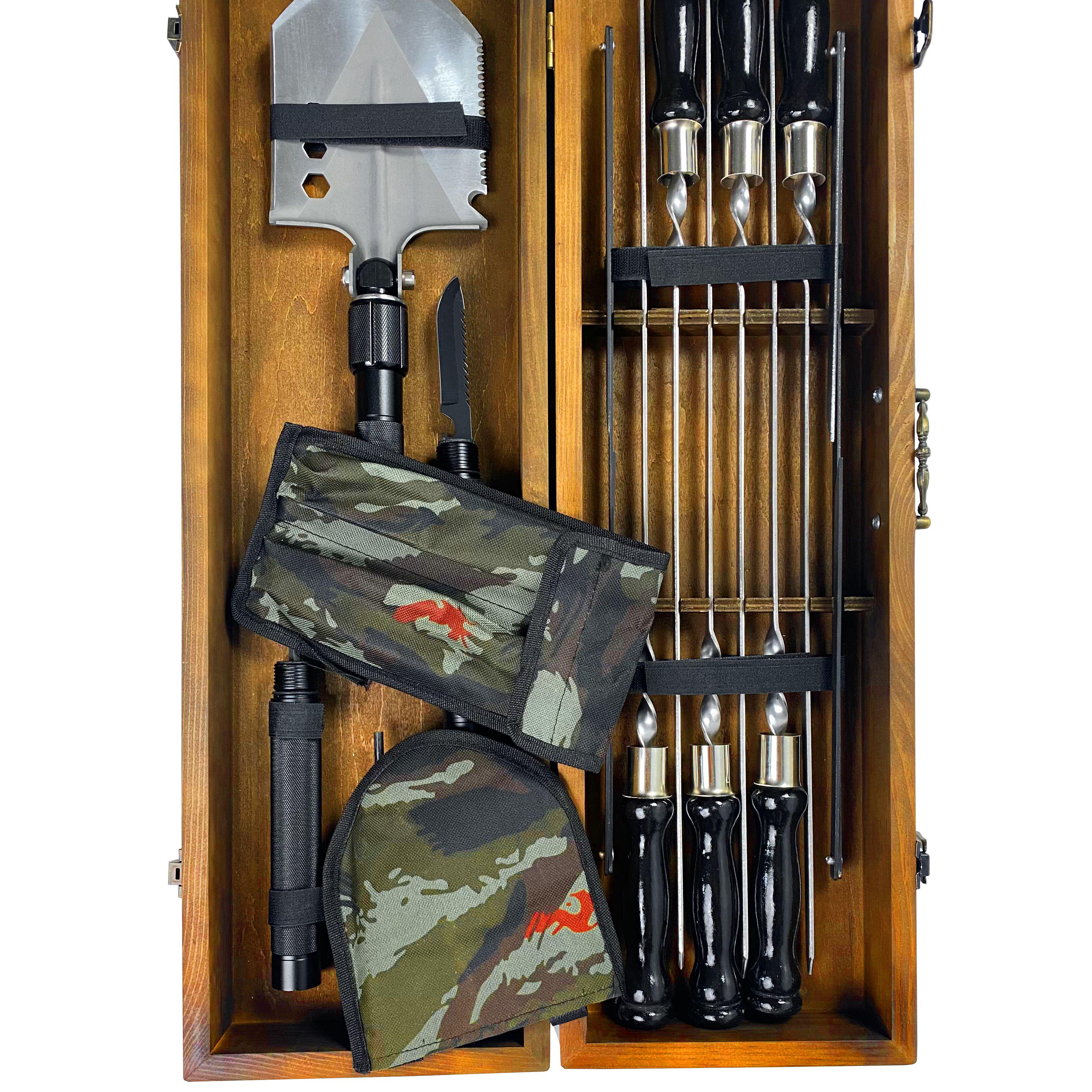 Подарунковий набір шампурів з аксесуарами Mzavod Індіана Джонс із нержавіючої сталі в дерев’яному кейсі 720x120x210 мм (136-17-1190810000815) - фото 6 Подарунковий набір шампурів з аксесуарами Mzavod Індіана Джонс із нержавіючої сталі в дерев’яному кейсі 720x120x210 мм (136-17-1190810000815) - фото 6