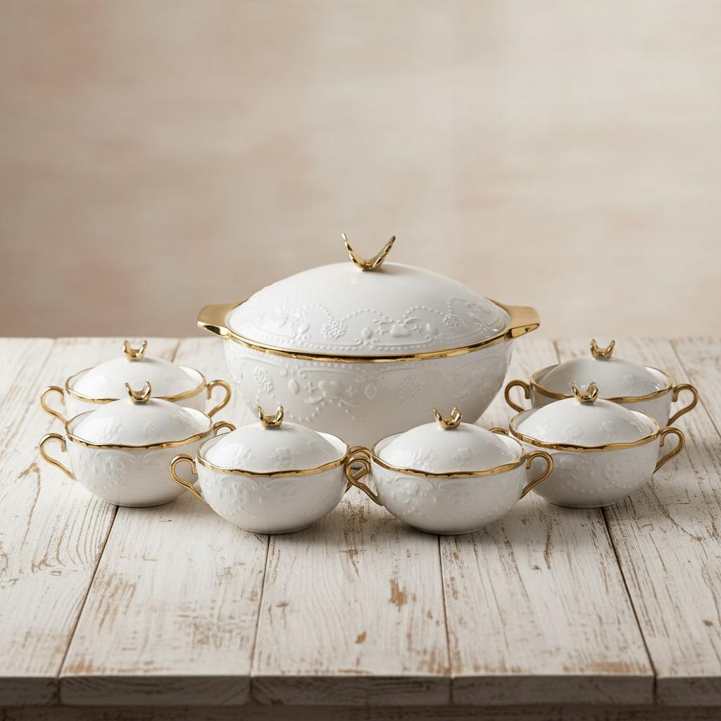 Сервиз суповой фарфоровый Amphora на 6 персон супница 3 л с 6 бульонницами 300 мл 7 предметов Белый/Золотой (SPW-16) - фото 8 Сервиз суповой фарфоровый Amphora на 6 персон супница 3 л с 6 бульонницами 300 мл 7 предметов Белый/Золотой (SPW-16) - фото 8