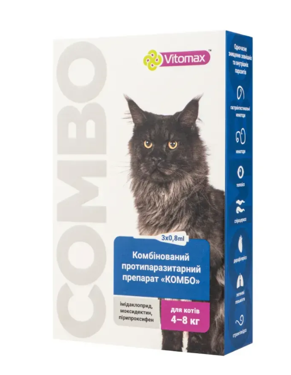 Капли Комбо Vitomax от экто- и эндо-паразитов на холку для кошек 4-8 кг 0,8 мл 3 пипетки