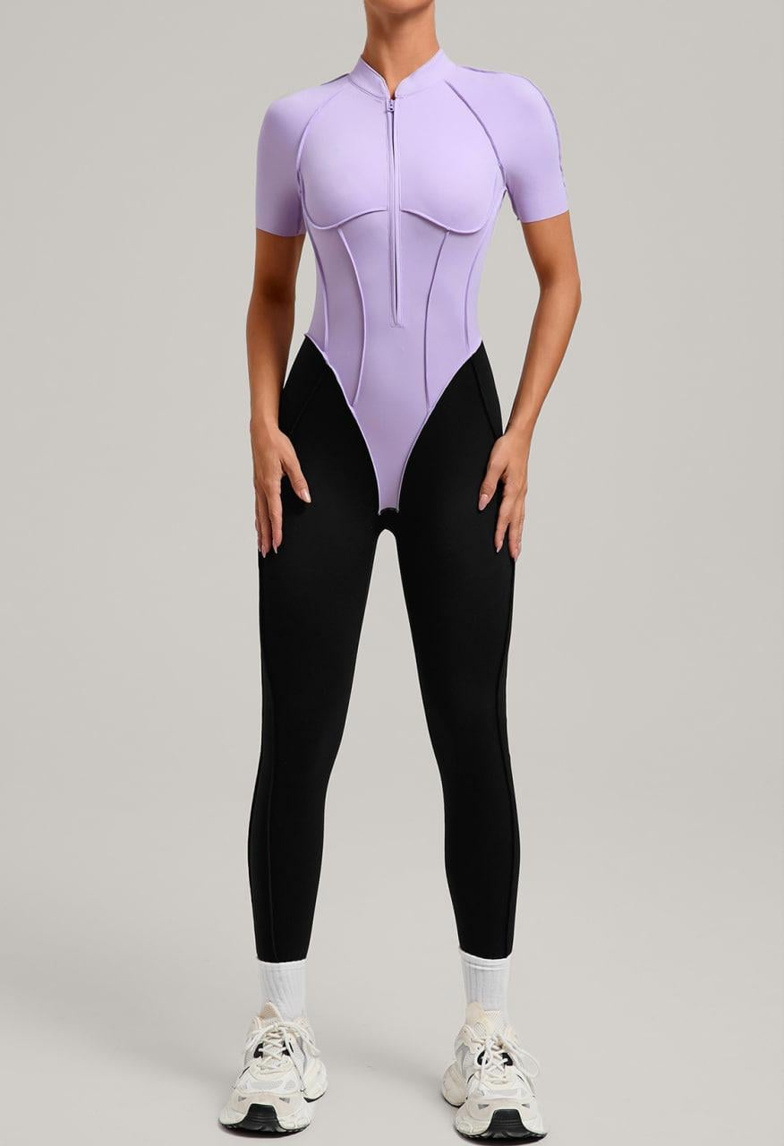Комбинезон спортивный с коротким рукавом/чашками и без пуш-ап S Фиолетовый/Черный (JMSH05S)
