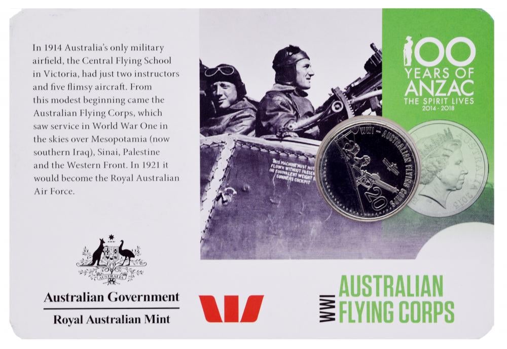 Коллекционная монета Австралия 20 центов 2015 UNC Первая мировая война 2014-2018 - Авиационный корпус в блистере (М14323)