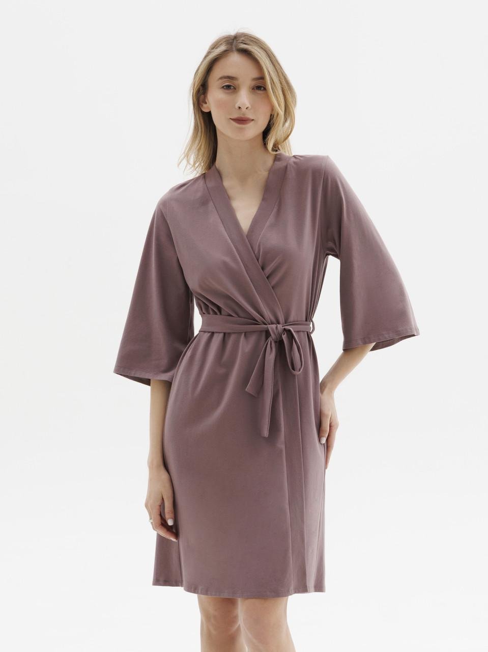 Халат женский хлопковый Roksana на запах с поясом и широкими рукавами 3/4 XXL Коричневый (1185/16332)