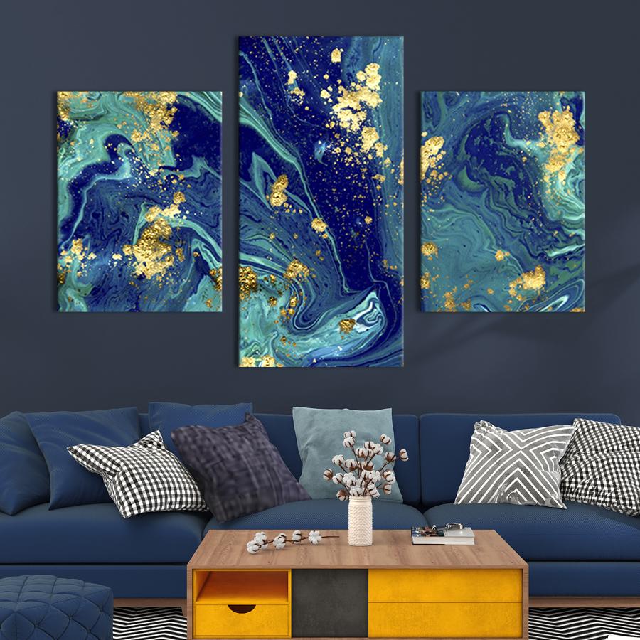 Картина для интерьера Сине-золотой мрамор 141x90 см (23-32)