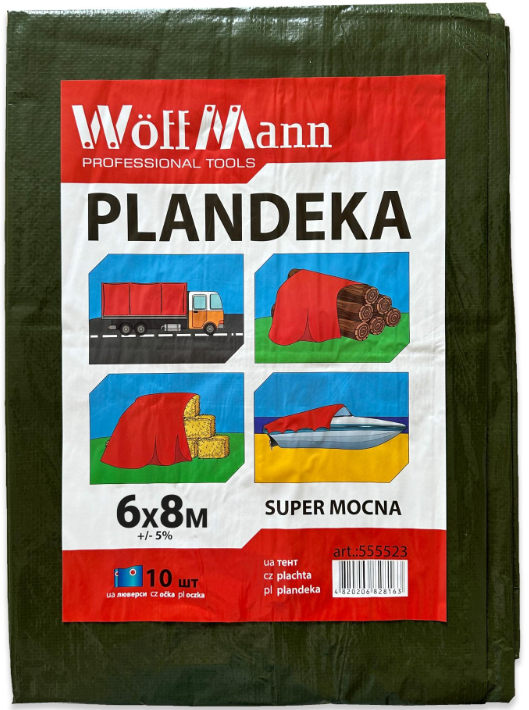 Тент WoffMann водостойкий PLANDEKA SUPER MOCNA плотность 110 г/м² 6х8 м Зеленый
