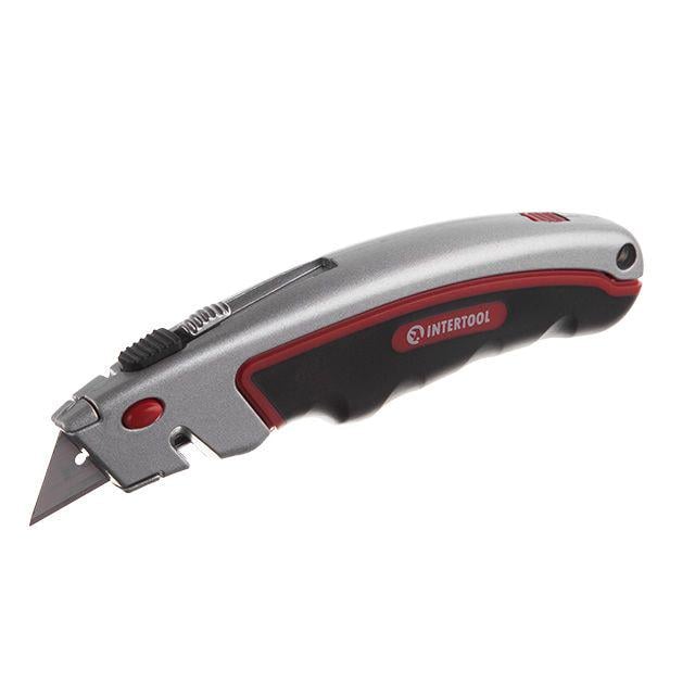 Нож строительный Intertool HT-0516 трапецевидный с выдвижным лезвием/металлический корпус 60x19 мм (21498173) - фото 1 Нож строительный Intertool HT-0516 трапецевидный с выдвижным лезвием/металлический корпус 60x19 мм (21498173) - фото 1