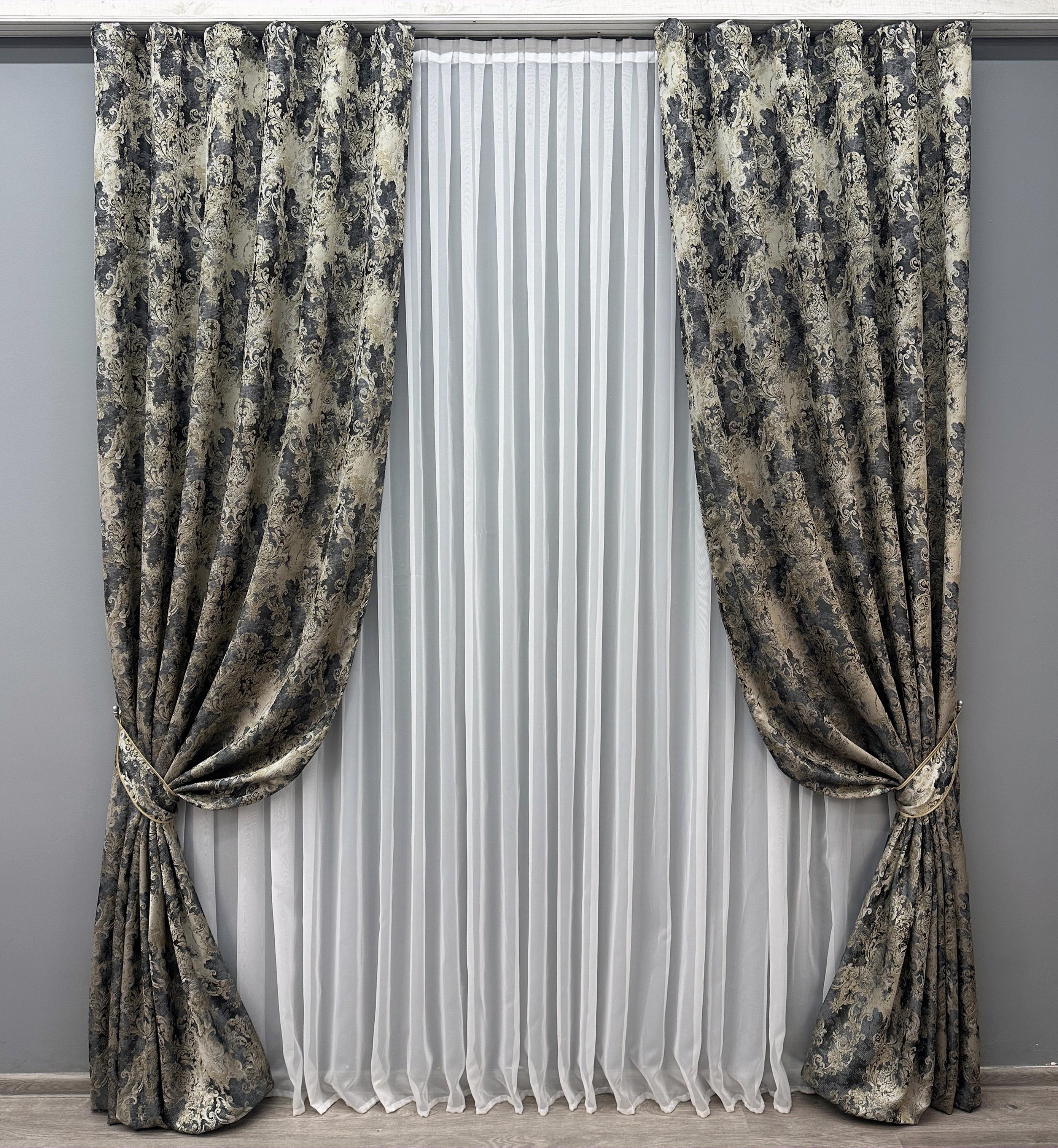 Комплект готовых штор VR-Textil Лен Премиум Турция однотонный № 1694ш 150х290 см 2 шт. Черный/Бежевый (33-0594)