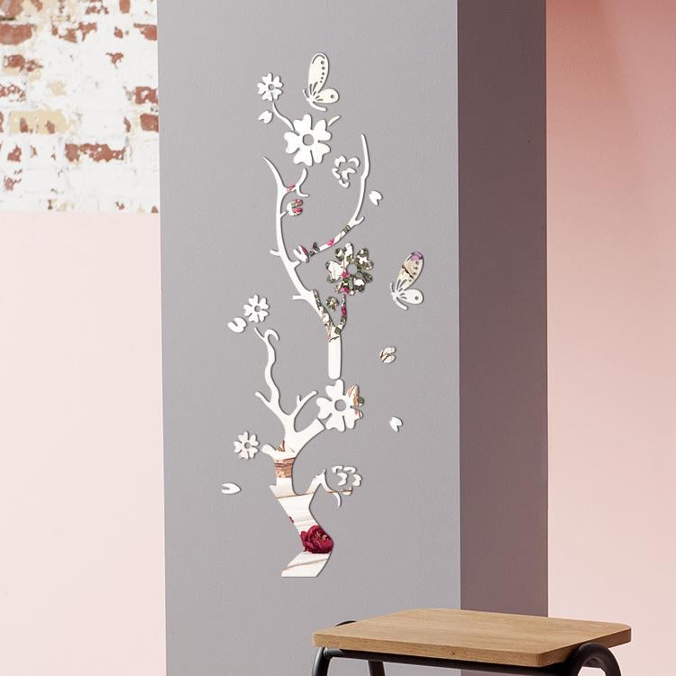 Наклейка на стену зеркальная в виде сакуры Sakura акриловая для декора интерьера 100х38 см Серебряный