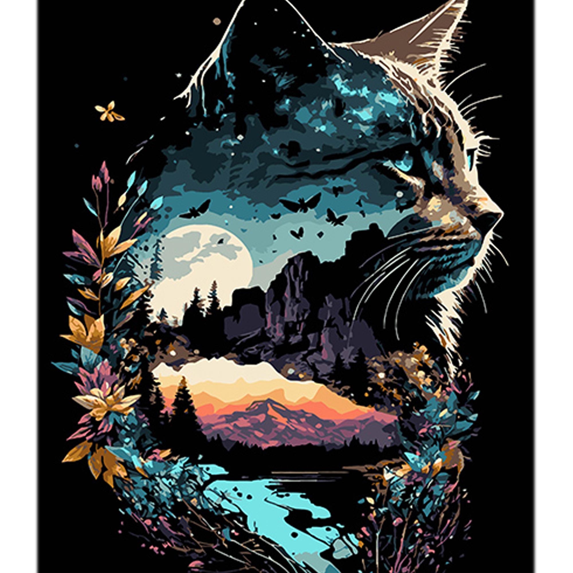 Картина по номерам Strateg Премиум Кошачье отражение природы на черном фоне 40x50 см (AH1129)